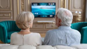 anziani sereni davanti a una tv accesa