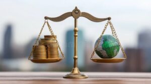 bilancia con monete equilibrate su entrambi i lati