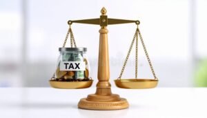 bilancia con simboli di denaro e tasse