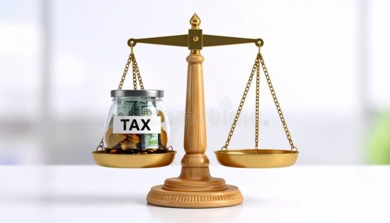 bilancia con simboli di denaro e tasse