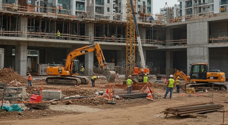 cantiere edile con gru e operai al lavoro