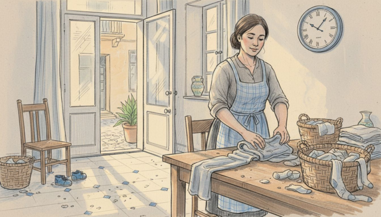 colf che lavora in casa con orologio