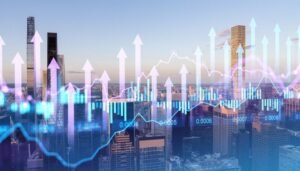 edifici moderni con grafici finanziari sovrapposti