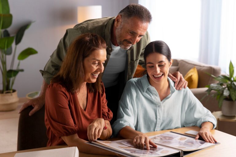 famiglia felice che discute documenti insieme