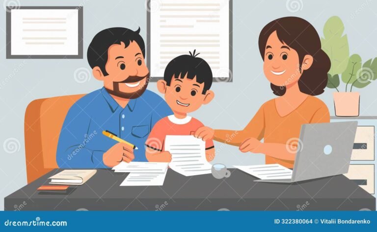 famiglia felice con bambino e documenti ufficiali