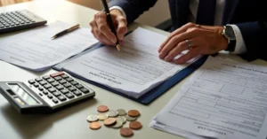 famiglia italiana con documenti e calcolatrice