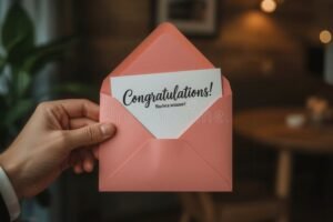 mani che stringono un biglietto di congratulazioni