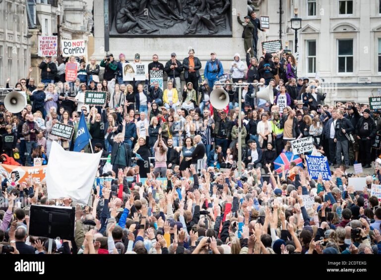 manifestanti con cartelli in piazza affollata