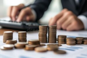 moneta e calcolatrice su tavolo di lavoro