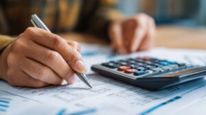 persona che calcola finanze con documenti e calcolatrice