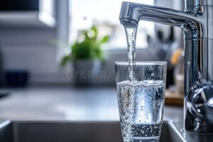 rubinetto che versa acqua limpida in un bicchiere