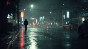 un uomo inquietante con sfondo urbano notturno